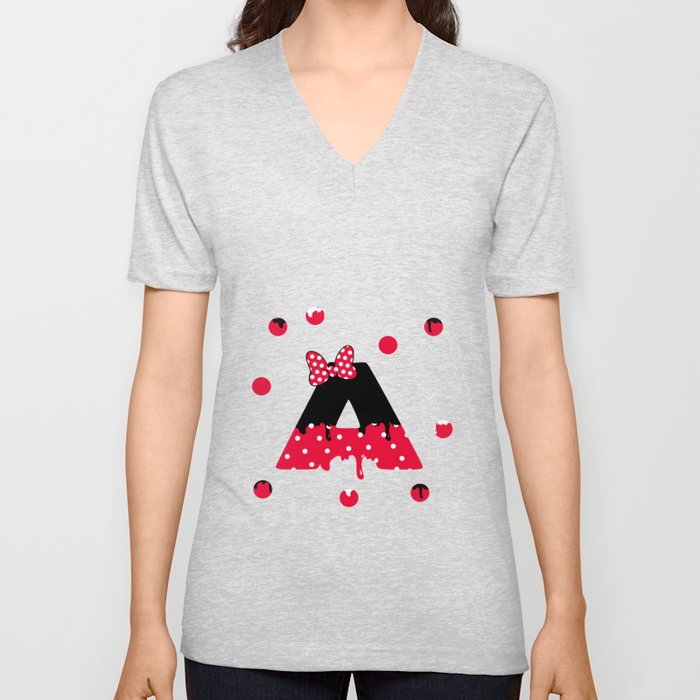 Letter Red A with Drops & Dots V Neck T Shirt