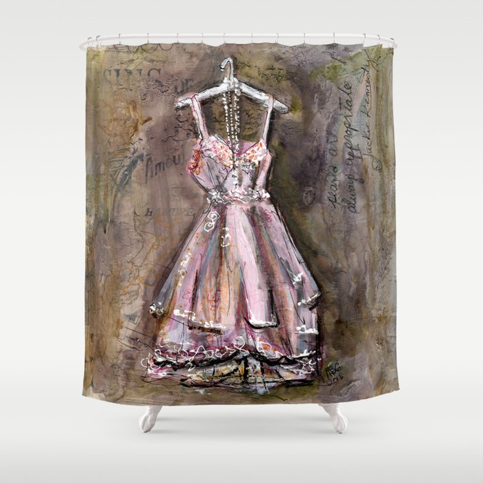 Vintage Pink Dress with Pearls Mixed Media Shower Curtain