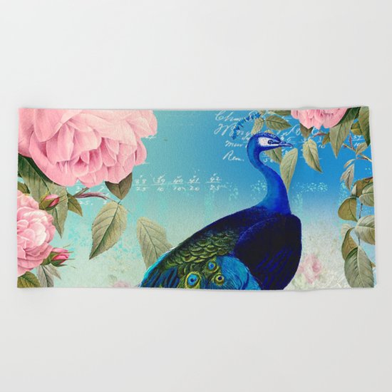 Peacock & Pink Roses Beach Towel
