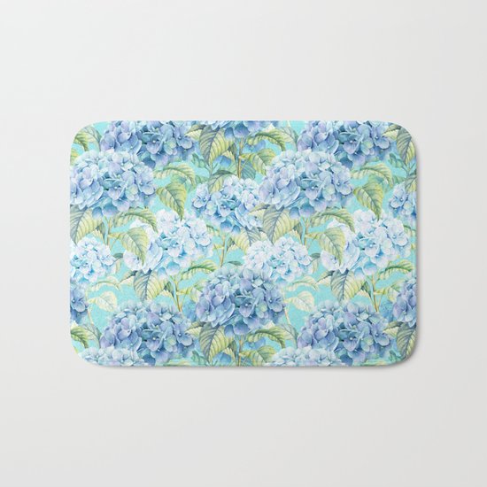 Blue floral hydrangea flower flowers Vintage watercolor pattern Bath Mat