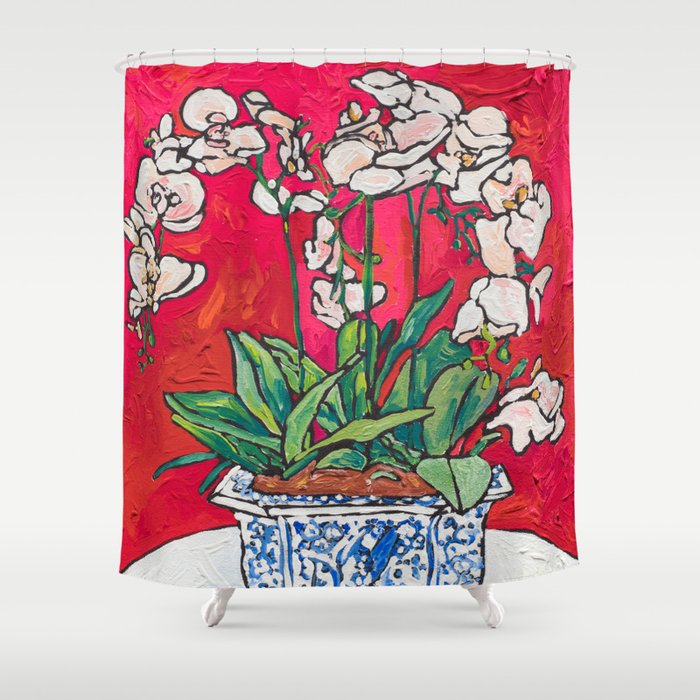 Orchid In Blue And White Bird Pot On Red After Matisse Shower Curtain By Larameintjes