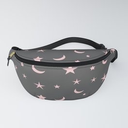 Grey background with pink moon and star pattern Fanny Pack