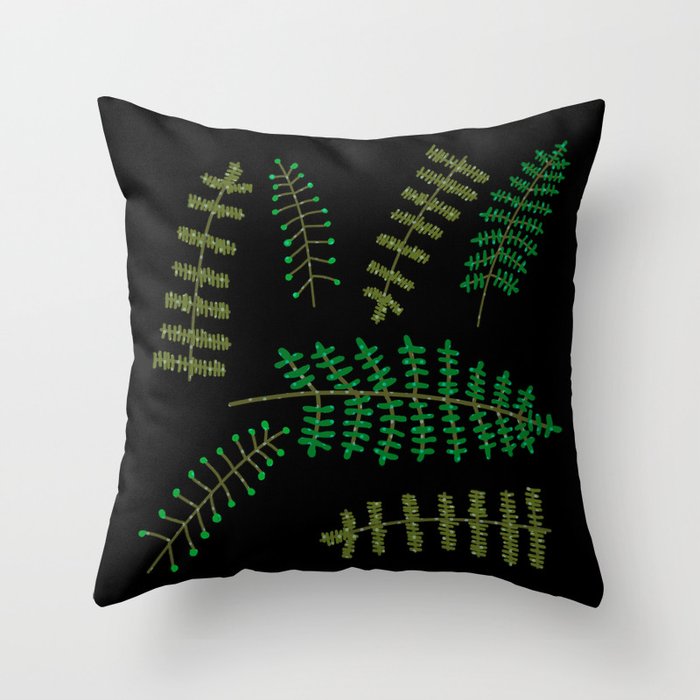 Abstract Ferns On Black Throw Pillow