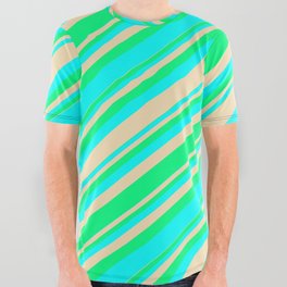 [ Thumbnail: Green, Aqua, and Tan Colored Stripes/Lines Pattern All Over Graphic Tee ]