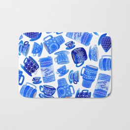 Blue Teacups and Mugs Bath Mat | Coffeemugs, Patterns, Sewzinki, Stripes, Drawing, Coffeebreak, Navyblue, Watercolor, Flowers, Bumblebee 