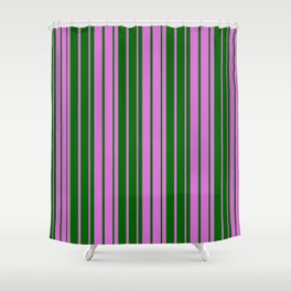 [ Thumbnail: Orchid & Dark Green Colored Striped Pattern Shower Curtain ]