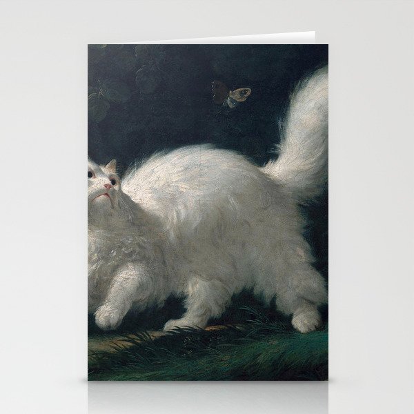 White Angora Cat Chasing Butterfly Stationery Cards