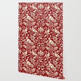 Pheasant and Hare Pattern, Deep Red and Cream  Wallpaper