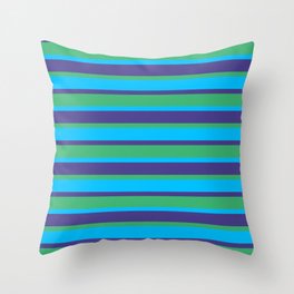 [ Thumbnail: Dark Slate Blue, Sea Green & Deep Sky Blue Colored Striped Pattern Throw Pillow ]