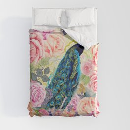 Pink bohemian roses floral vintage peacock quatrefoil Duvet Cover