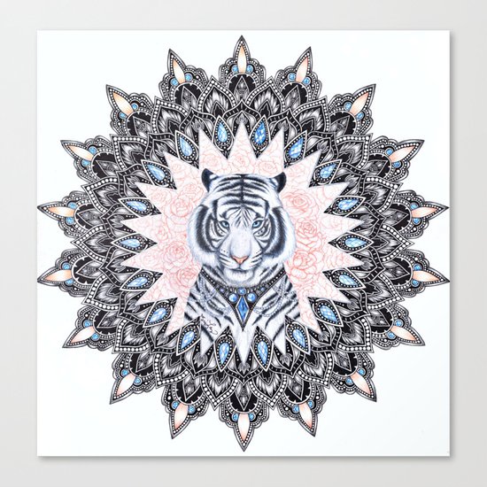 White Tiger Sapphire and Rose Mandala Canvas Print