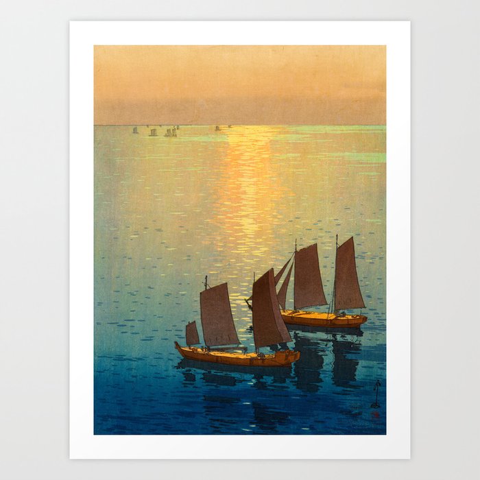 Hiroshi Yoshida Vintage Japanese Woodblock Art Ocean Sunset Sailboat Orange Blue Color Hues Art Print By Enshape Society6