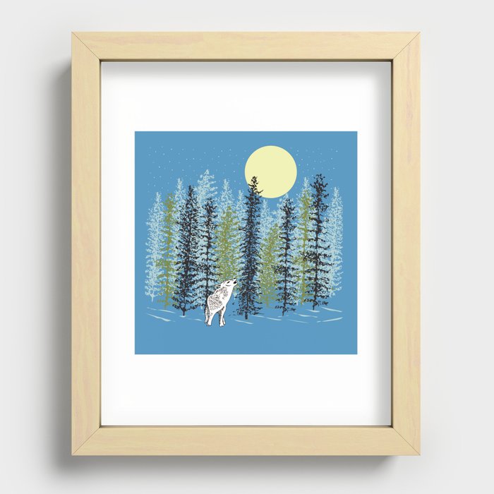 Wolf Howling at the Moon with Woodland Trees in Winter Recessed Framed Print