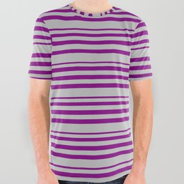 [ Thumbnail: Purple & Grey Colored Lines Pattern All Over Graphic Tee ]