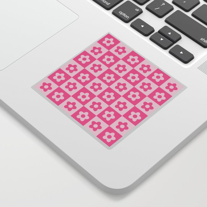 Hot Pink and White Retro Checkered Flower Pattern Sticker