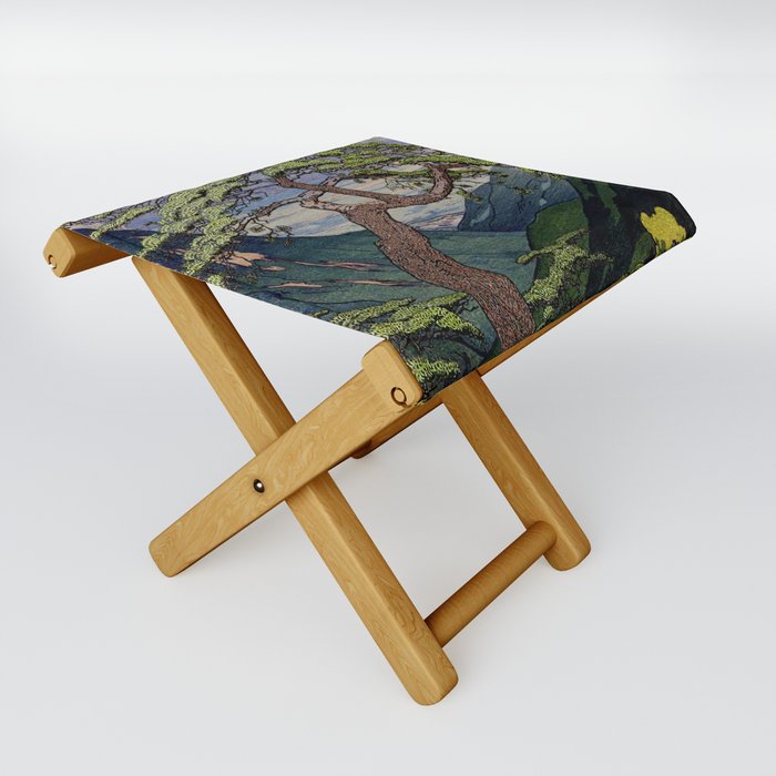 The Downwards Climbing - Summer Tree & Mountain Ukiyoe Nature Landscape in Green Folding Stool