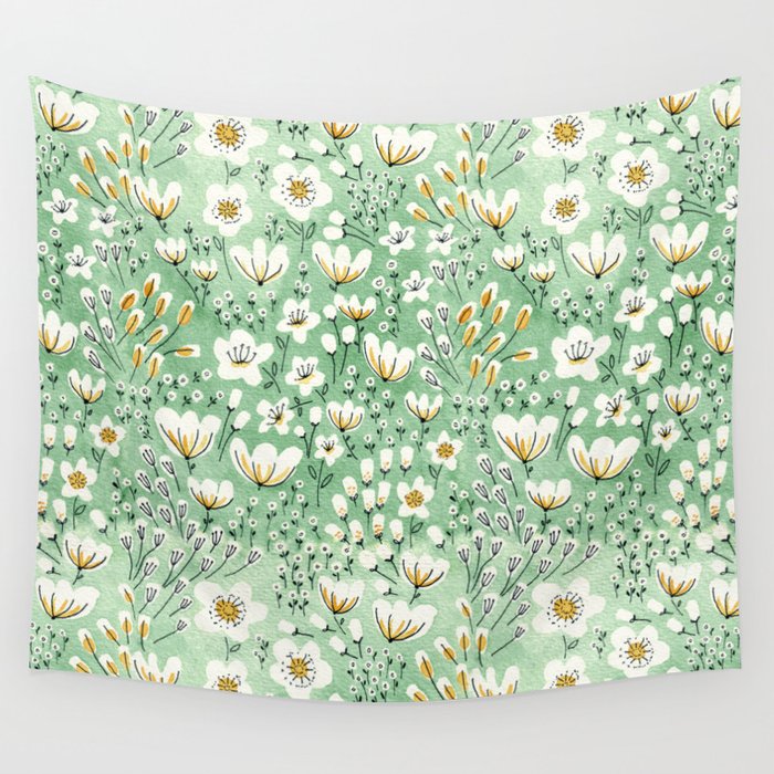 Green Flowers Watercolor Wall Tapestry