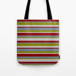 [ Thumbnail: Slate Gray, Green, Grey & Dark Red Colored Pattern of Stripes Tote Bag ]