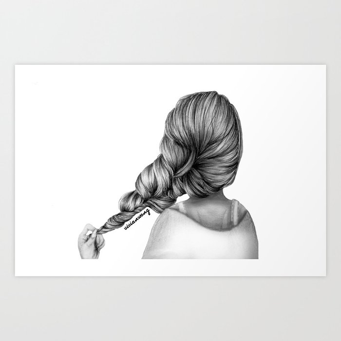 Girl Holding Hair Braid Pencil Drawing Art Print
