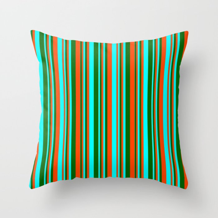 Red, Cyan, and Dark Green Colored Lined/Striped Pattern Throw Pillow