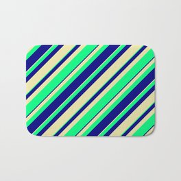 [ Thumbnail: Pale Goldenrod, Green, and Blue Colored Stripes/Lines Pattern Bath Mat ]