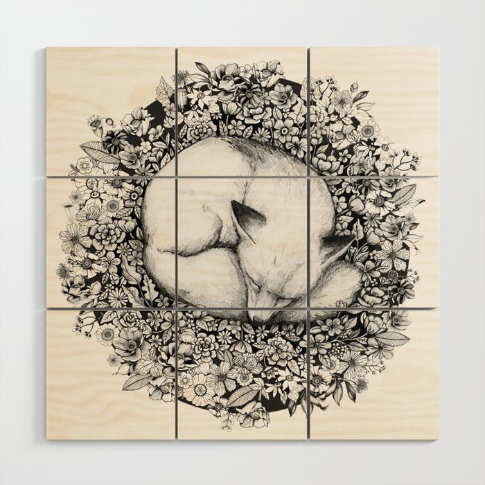 Fox Sleeping in Flowers Wood Wall Art
