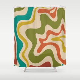 Liquid Swirl Retro Abstract Pattern in Mid Mod Colours on Beige Shower Curtain