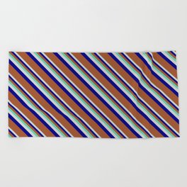 [ Thumbnail: Aquamarine, Light Gray, Blue, and Sienna Colored Striped/Lined Pattern Beach Towel ]
