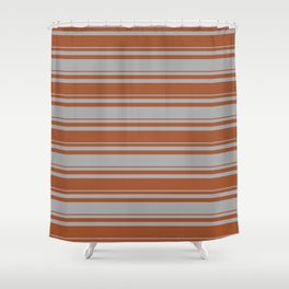 [ Thumbnail: Sienna & Dark Gray Colored Stripes Pattern Shower Curtain ]