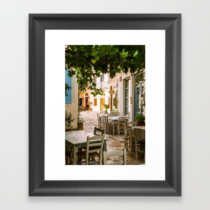 Greek Taverna | Authentic restaurant in the Mediterranean | Idyllic Blue and Golden Summer Day | Travel Photography in Naxos, Greece Framed Art Print