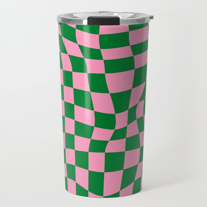 70s Trippy Grid Retro Pattern in Pink & Green Travel Mug