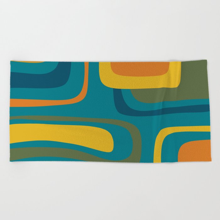 Palm Springs Midcentury Modern Abstract in Moroccan Mustard, Orange, Olive, Blue, and Teal Beach Towel