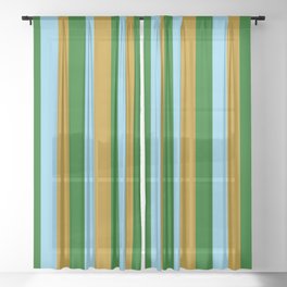 [ Thumbnail: Sky Blue, Dark Goldenrod, and Dark Green Colored Lines/Stripes Pattern Sheer Curtain ]