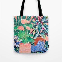 Jungle of House Plants Blush Still Life Painting with Blue Lion Figurine Tote Bag
