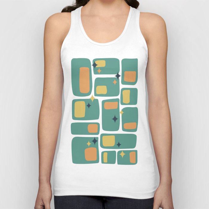 Mid Century Funky Squares and Stars in Teal, Orange and Yellow Tank Top