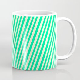 [ Thumbnail: Light Yellow and Green Colored Lined/Striped Pattern Coffee Mug ]