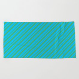 [ Thumbnail: Deep Sky Blue & Sea Green Colored Stripes Pattern Beach Towel ]