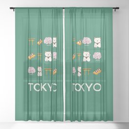 Tokyo Retro Art Vacations Boho Decor Modern Decor Green Illustration Sheer Curtain