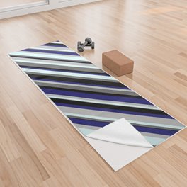 [ Thumbnail: Vibrant Grey, Light Cyan, Dim Grey, Black, and Midnight Blue Colored Striped/Lined Pattern Yoga Towel ]