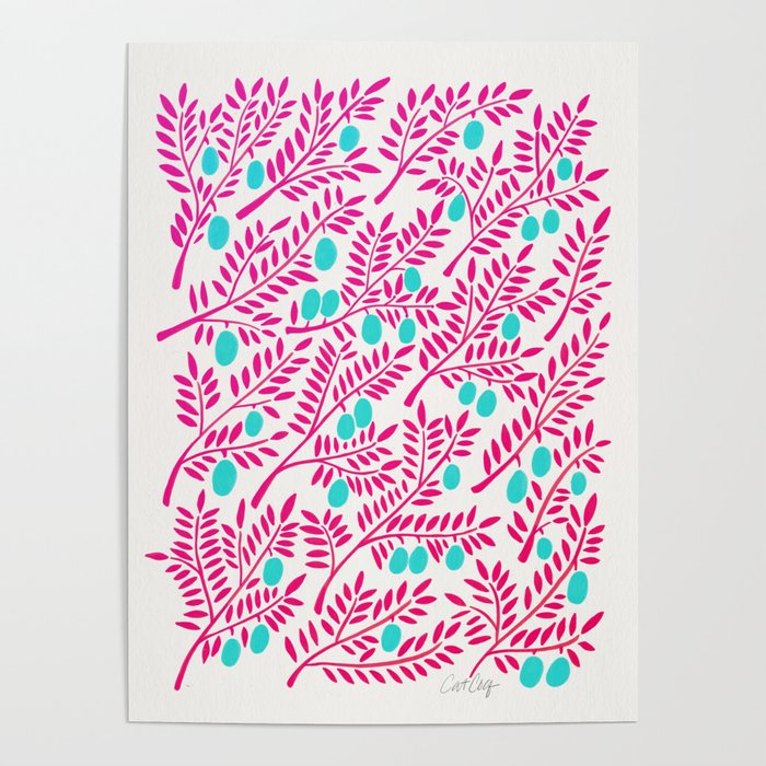 Olive Branches – Pink Ombré & Turquoise Poster