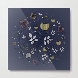 Vintage doodle flower pattern on navy blue background Metal Print