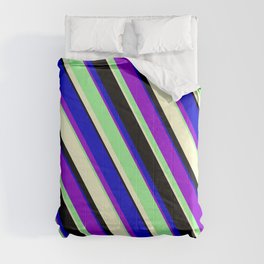 [ Thumbnail: Vibrant Dark Violet, Green, Light Yellow, Black & Blue Colored Lines Pattern Comforter ]