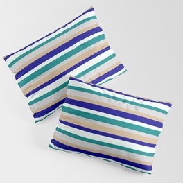 [ Thumbnail: Colorful Teal, Light Gray, Tan, Dark Blue, and Mint Cream Colored Striped/Lined Pattern Pillow Sham ]