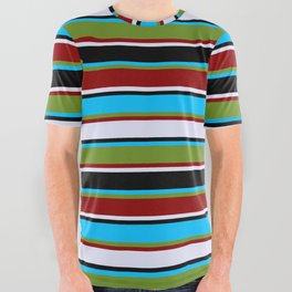 [ Thumbnail: Eyecatching Deep Sky Blue, Green, Dark Red, Lavender, and Black Colored Lines/Stripes Pattern All Over Graphic Tee ]