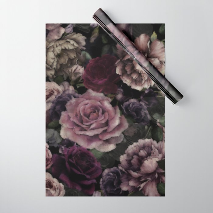 Roses In Burgundy And Pink Vintage Botanical Midnight Emo Garden Flowers Wrapping Paper