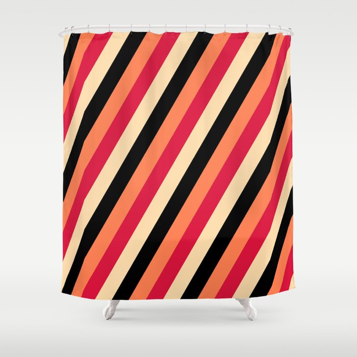 Crimson, Tan, Black, and Coral Colored Lines/Stripes Pattern Shower Curtain