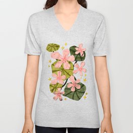 Pink Flower and Green Lotus leaves, texture and Paper Cutout V Neck T Shirt