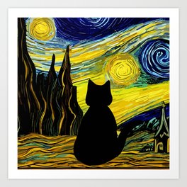 Starry Night Cat Van Gogh Black Cat Art Print