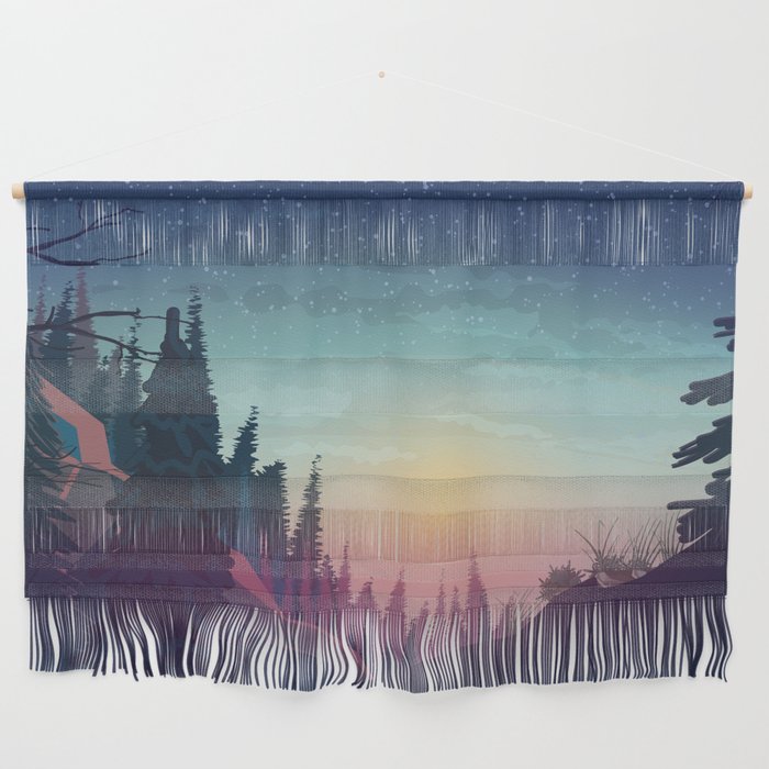 Majestic Forest and Mountain Sunset Wall Hanging