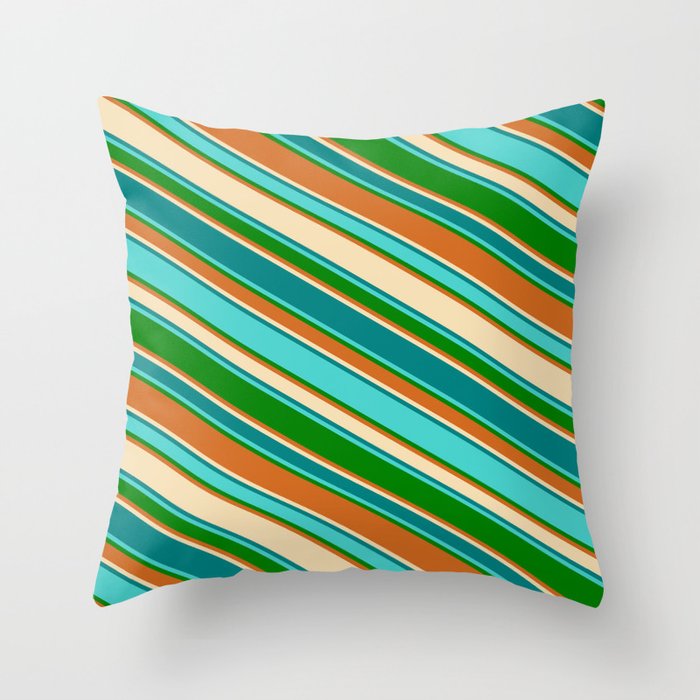 Colorful Tan, Teal, Turquoise, Green, and Chocolate Colored Lines Pattern Throw Pillow